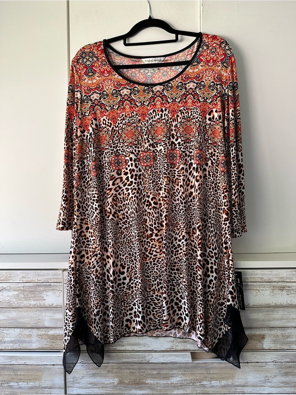 🐆 NWT Bianca Nygard XL Leopard Boho Print Handkerchief Hem Tunic